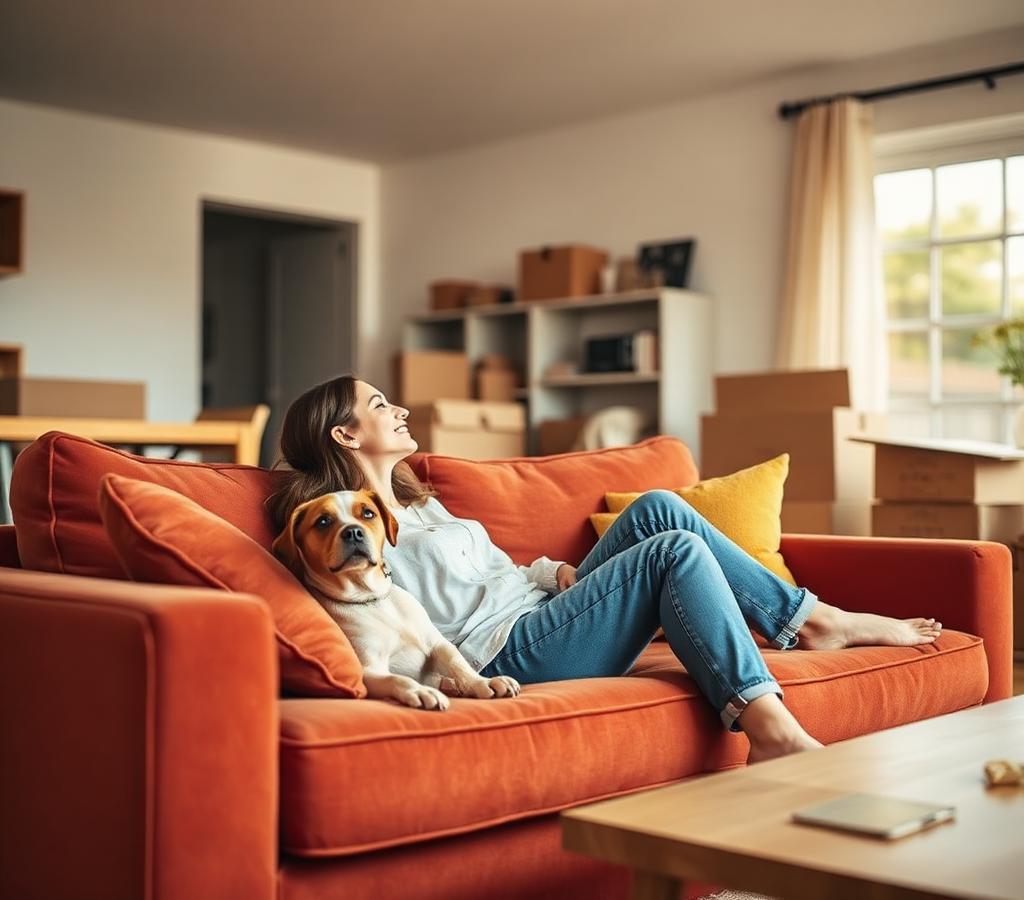 Homeowner relaxing with her dog in a newly purchased home